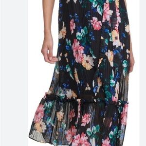Kensie Black Floral Pleated Midi Skirt